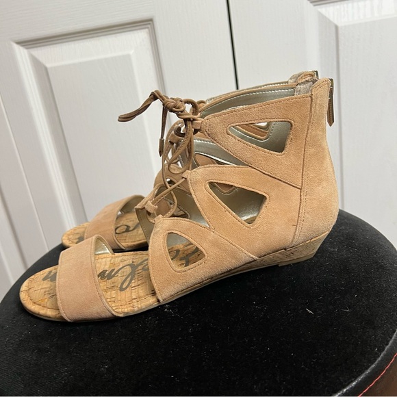 Sam Edelman Dean Beige Suede Demi Wedge Caged Sandal SZ 8 Cork Strappy - Picture 7 of 13